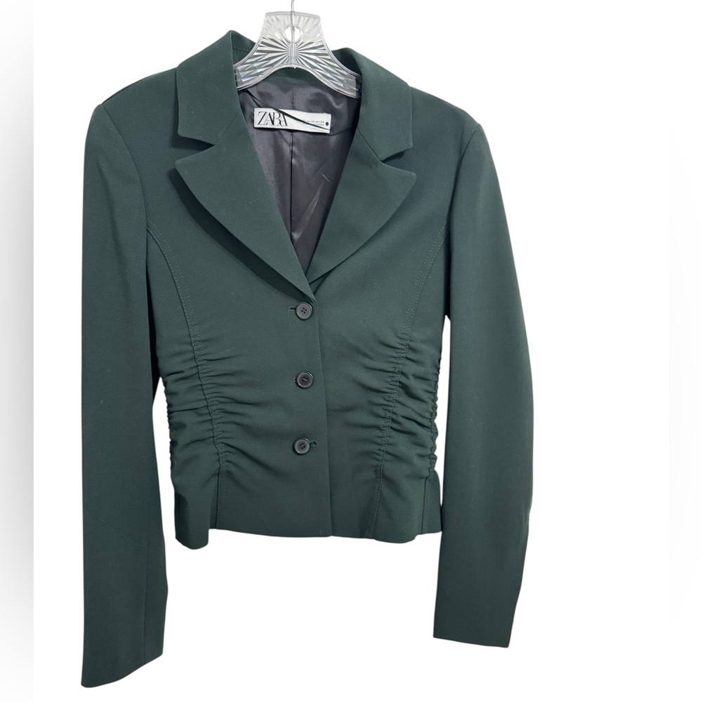 ZARA Dark Green Fitted Blazer XS Ruched Waist Cropped NWOT